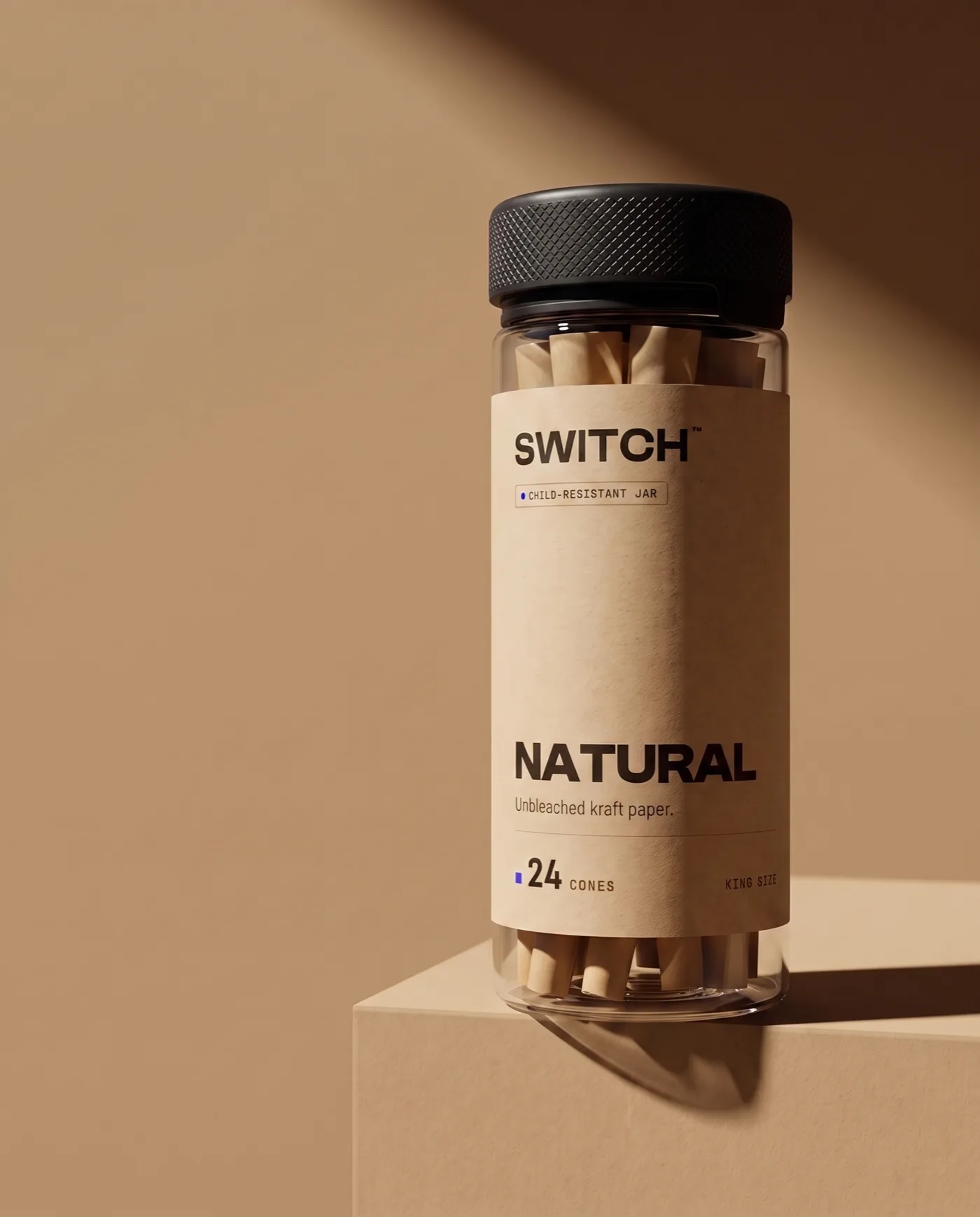 A SWITCH Natural child-resistant jar of 24 king-size pre-roll cones on a studio pedestal