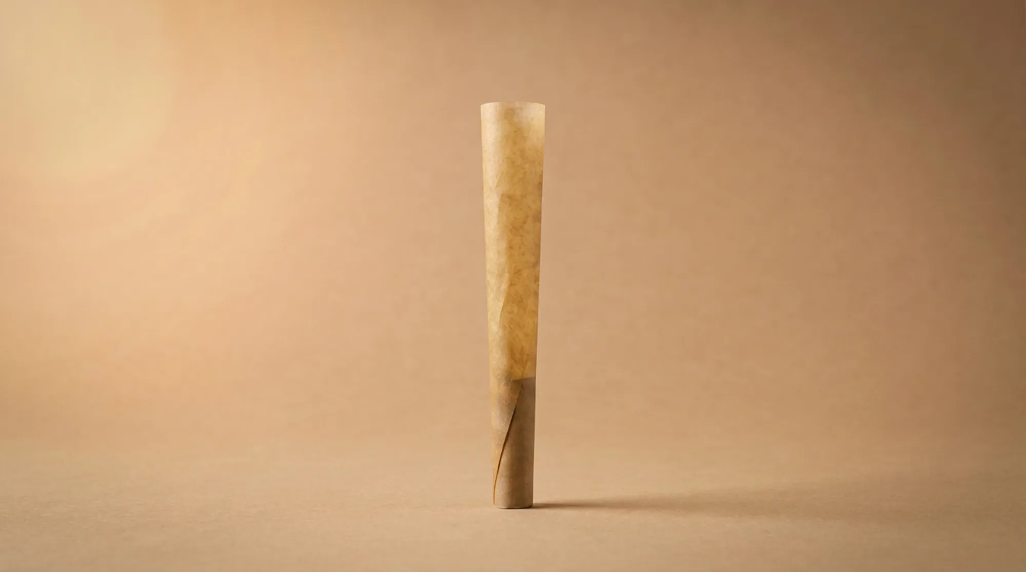A SWITCH kraft paper cone, standing in a warm brown-tan studio